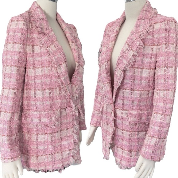 TWINSET ACTITUDE Jacquard Check Boucle Tweed Lurex Fringe Boyfriend Fit Blazer - Picture 11 of 16
